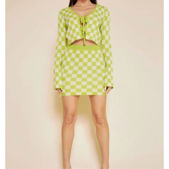 gingham tie closure crop knit cardigan top - Picture 1 of 6
